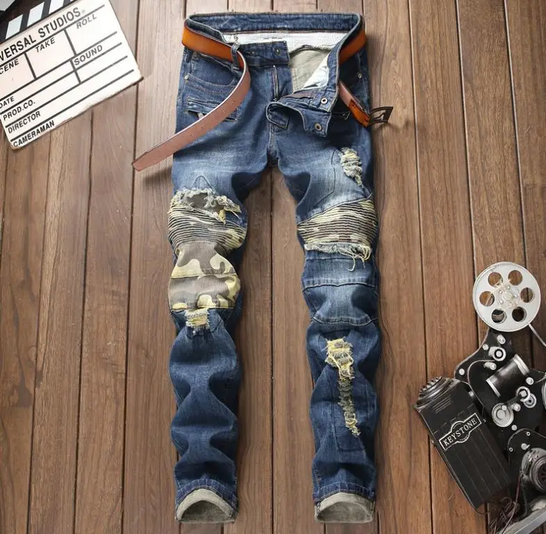 Джинсы мужские зауженные из денима рваные камуфляжные прямые брюки стрейч