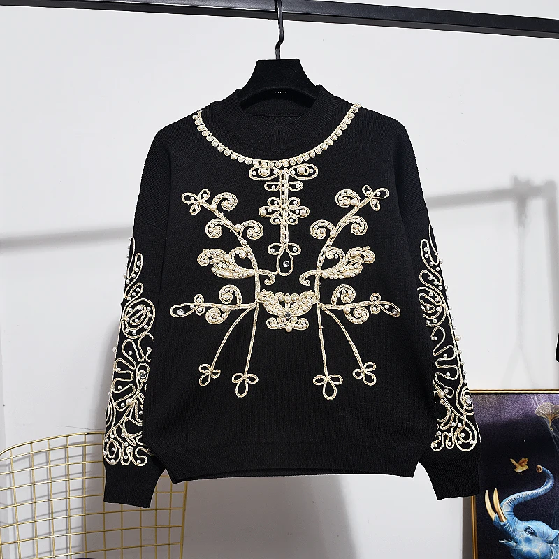 Autumn Knit Set Beading Flowers Tracksuit Female Knitted Sweater Long Pants Suit two piece set Women Knitting Outfits Winter | Женская