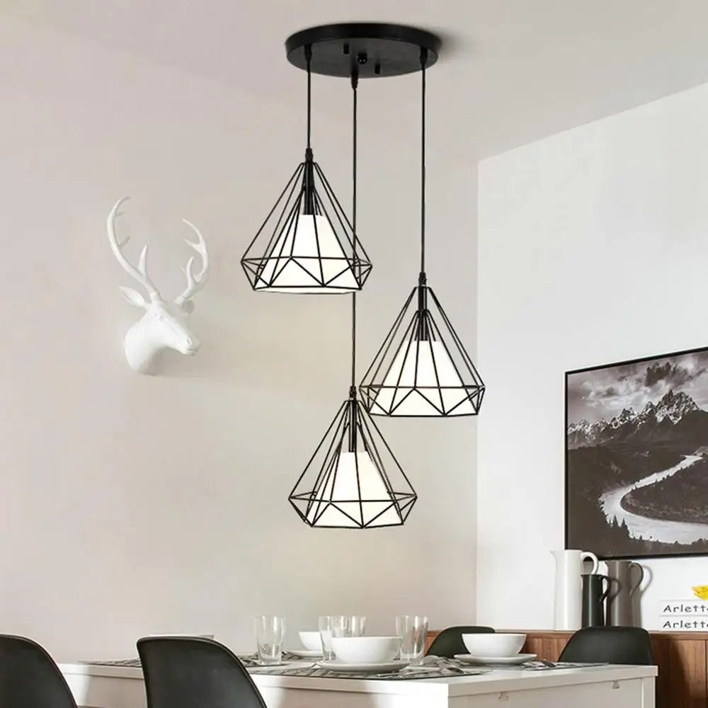 

Modern Pendant Light Black Iron Hanging Cage 3 Heads Vintage Led Lamp E27 Industrial Loft Retro Dining Room Restaurant Counter