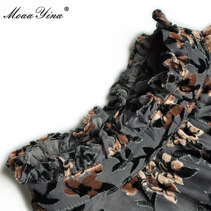 moaayina fashion runway autumn mesh dresses womens stand up collar lantern sleeve flocking print vintage long party dress free global shipping