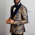 Мужские свадебные костюмы, жаккардовая куртка с чернымтемно-синим отложным воротником, 2 предмета, приталенный мужской блейзер для курения, женские костюмы для мужчин