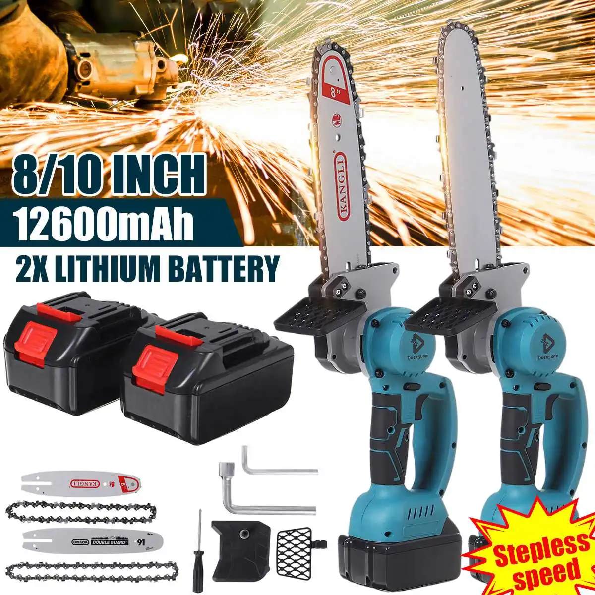 

2x12600mAh Battery 8/10 Inch Electric Chain Saw Pruning Saw Cordless Chainsaws Woodworking Garden Tree Trimming Chain Saw Cutter