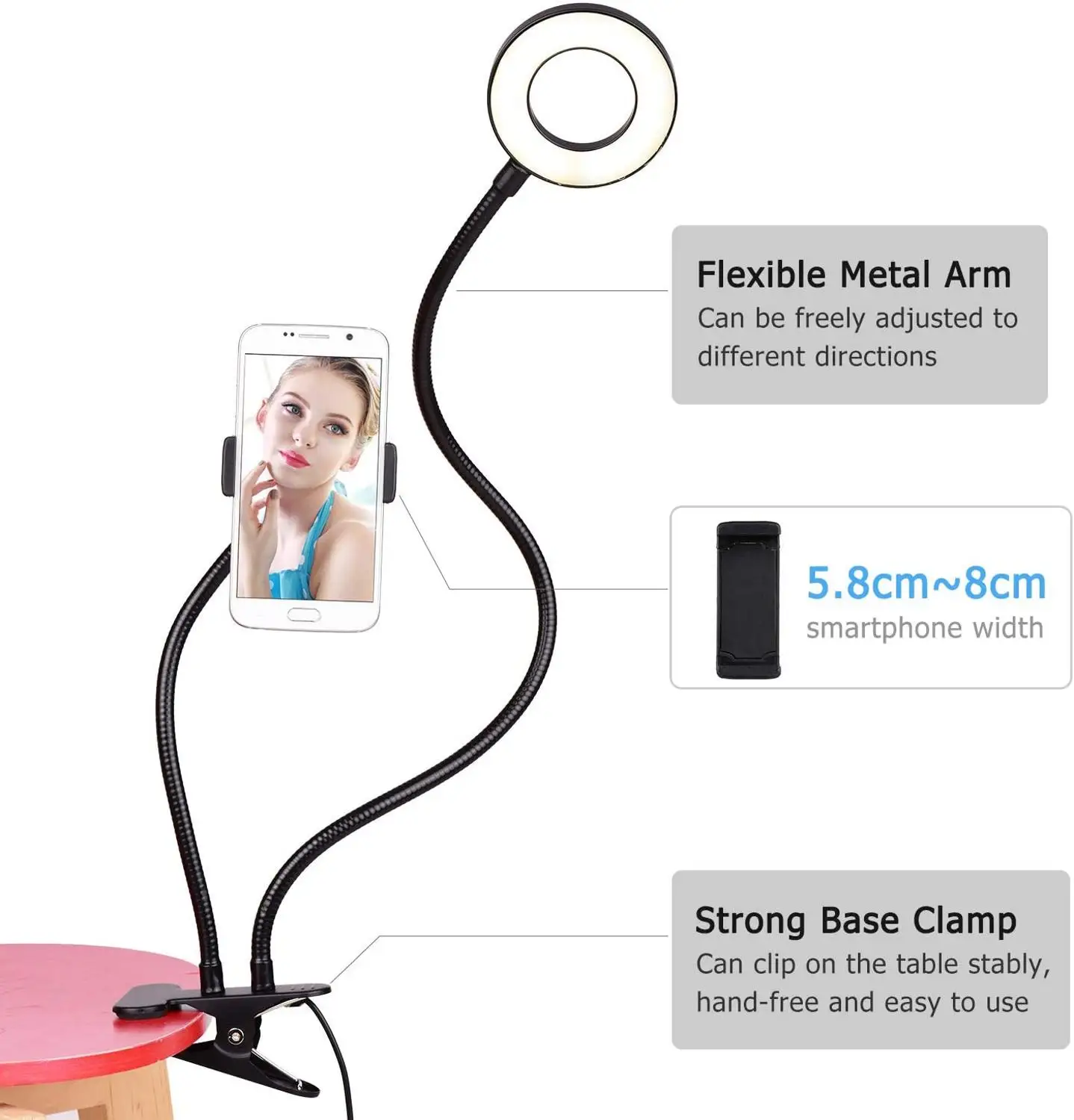 

USB Selfie Ring Light with Cell Phone Holder Stand for Live Stream Makeup Photography Camera Lamp LED Light Phone Holder