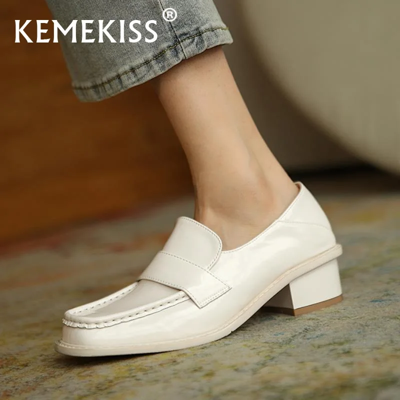 

KEMEKISS/Новые модные женские сапоги выше колена из натуральной кожи; Женские туфли-лодочки на толстом каблуке, без застежки, с квадратным носко...