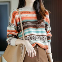 2021 spring new lazy loose retro ethnic style color matching round neck knit bottoming shirt sweater blouse sweater vest
