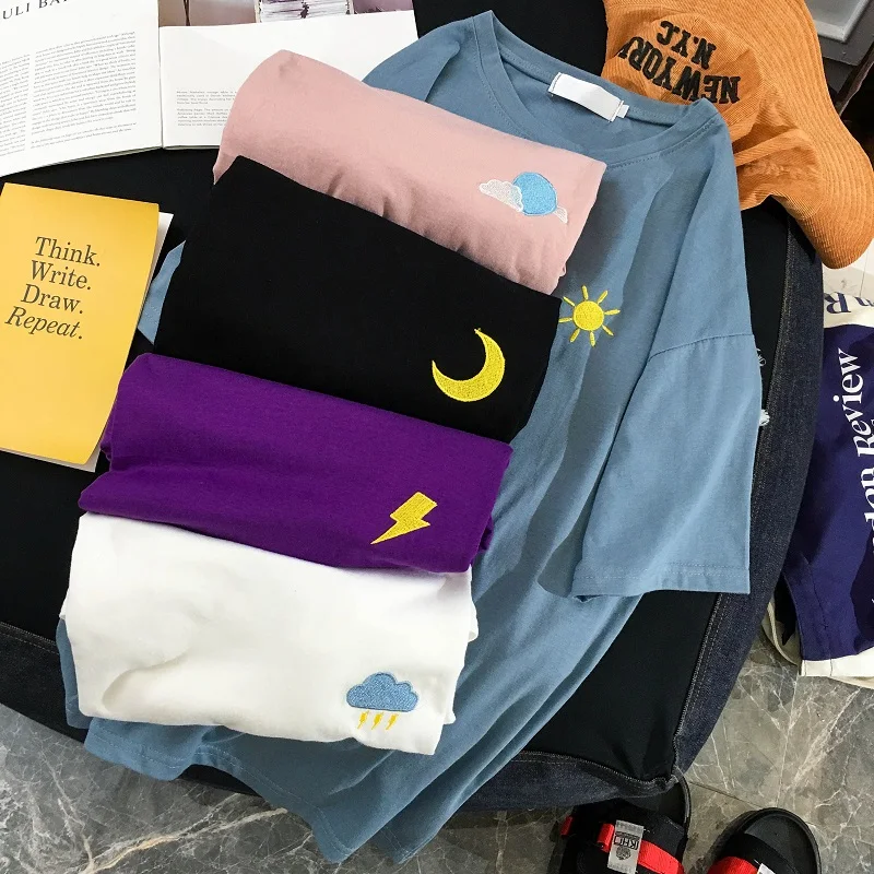 Женская Корейская Повседневная Футболка Harajuku с вышивкой женские футболки топы