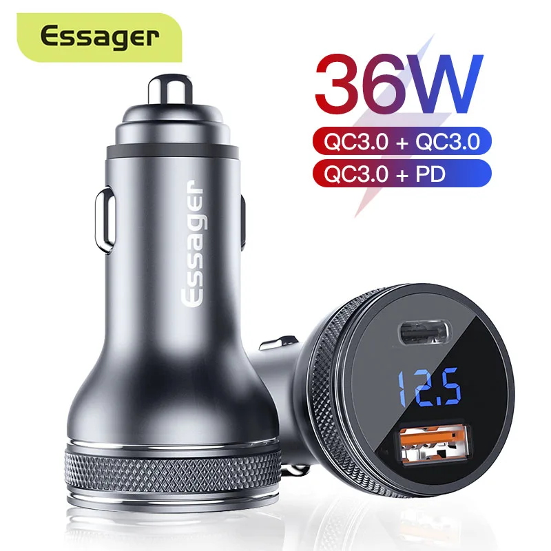 

Автомобильное зарядное устройство Essager, 36 Вт, USB Type-C, два порта PD QC 3,0