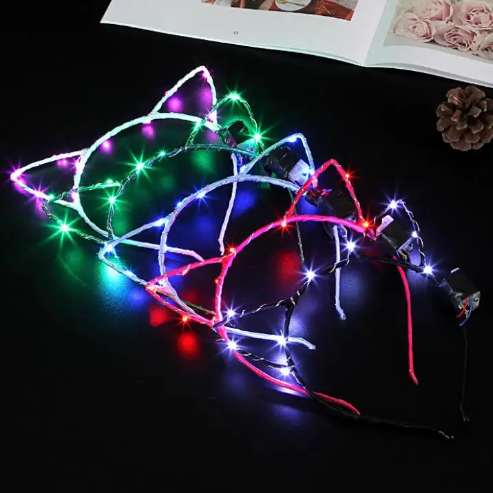 

Повязка на голову со светодиодсветодиодный кошачьими ушками, светящийся головной убор для вечерние, мигающая повязка для волос для девочек, для косплея, рождественские подарки SN3947