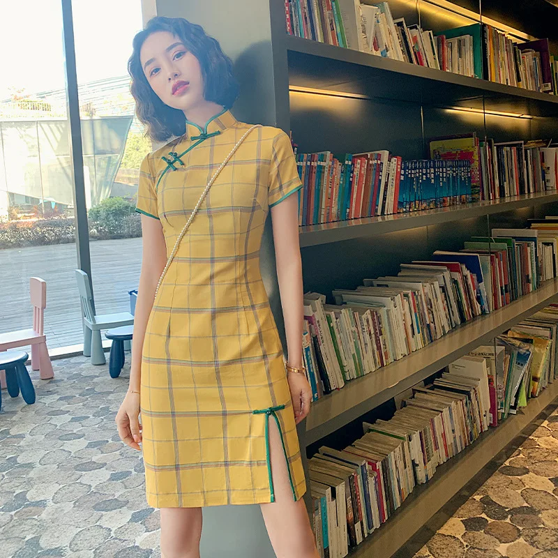 Клетчатый чонсам Новинка весна-лето 2020 короткое Платье из хлопка и льна для