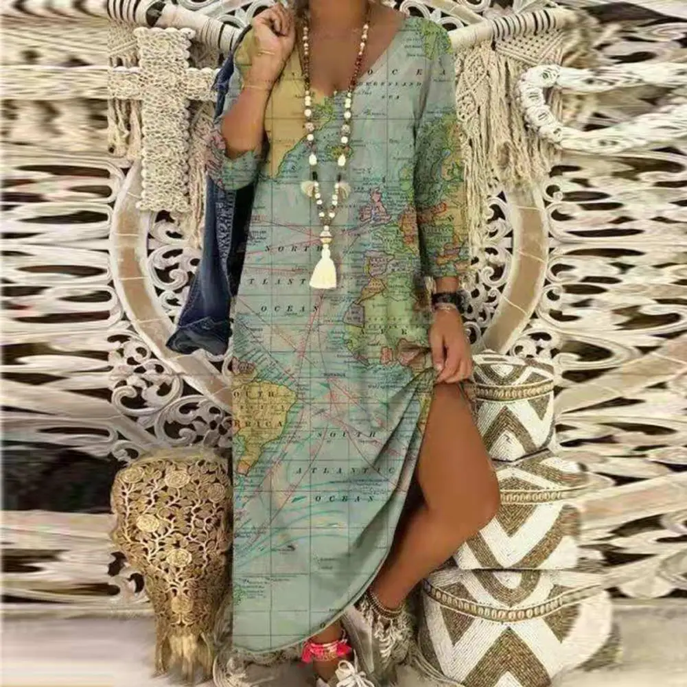 

Платье женское длинное с V-образным вырезом, повседневный свободный сарафан с принтом World Earth, для свадебной вечеринки, лето 2021