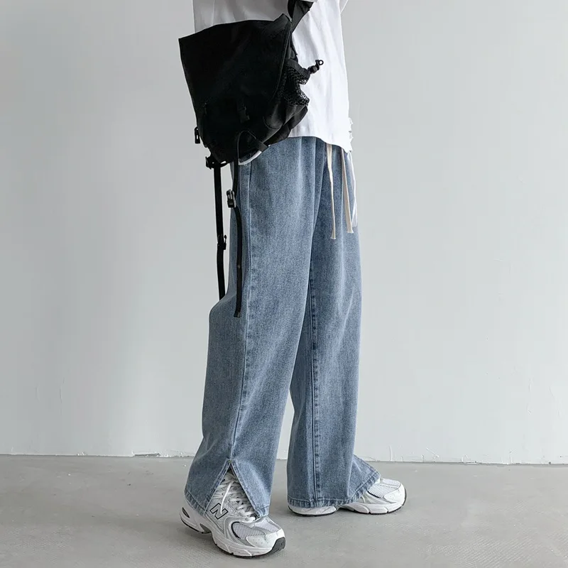 

Trendy Loose Straight Slit Jeans Men's Wide Leg Drawstring Mopping Daddy's Pants