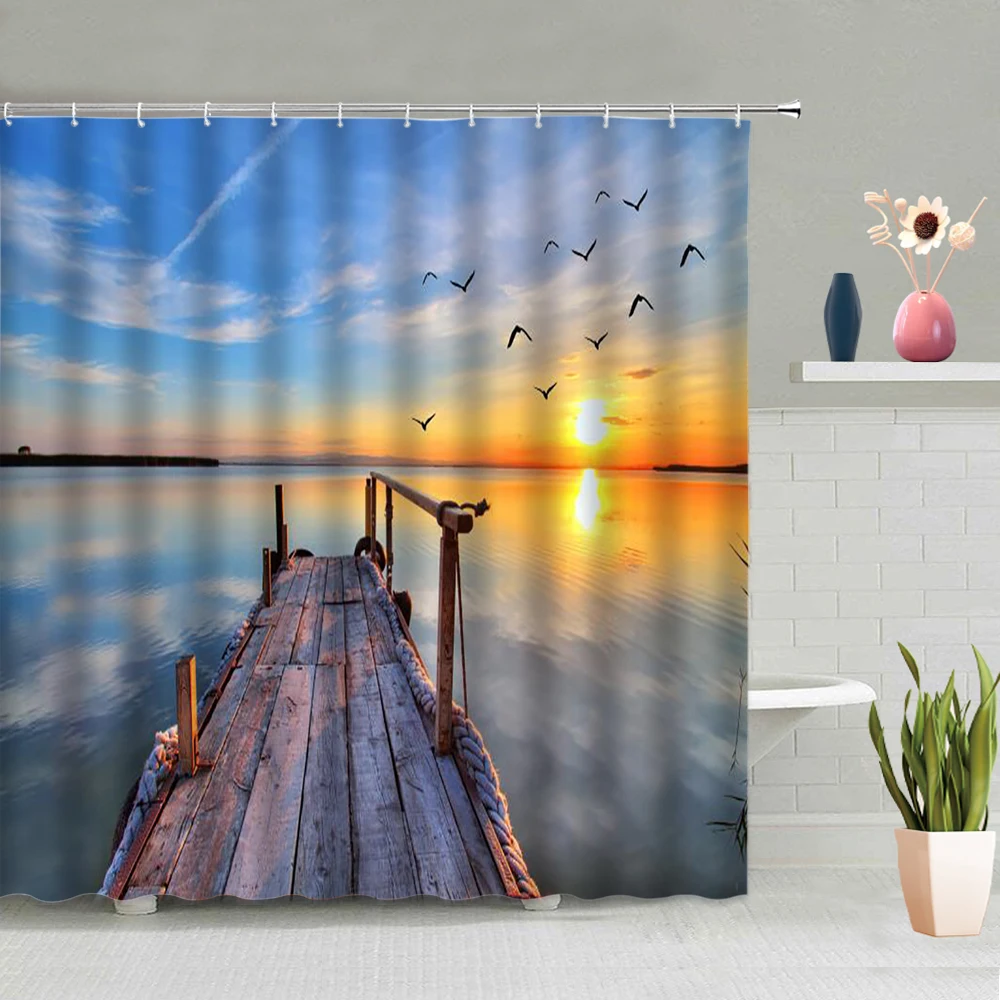 

Sunset Lakeside Wharf Seaside Buildings Flyover Bird Background Bathroom Partition Screen Waterproof Polyester Fabric With Hooks