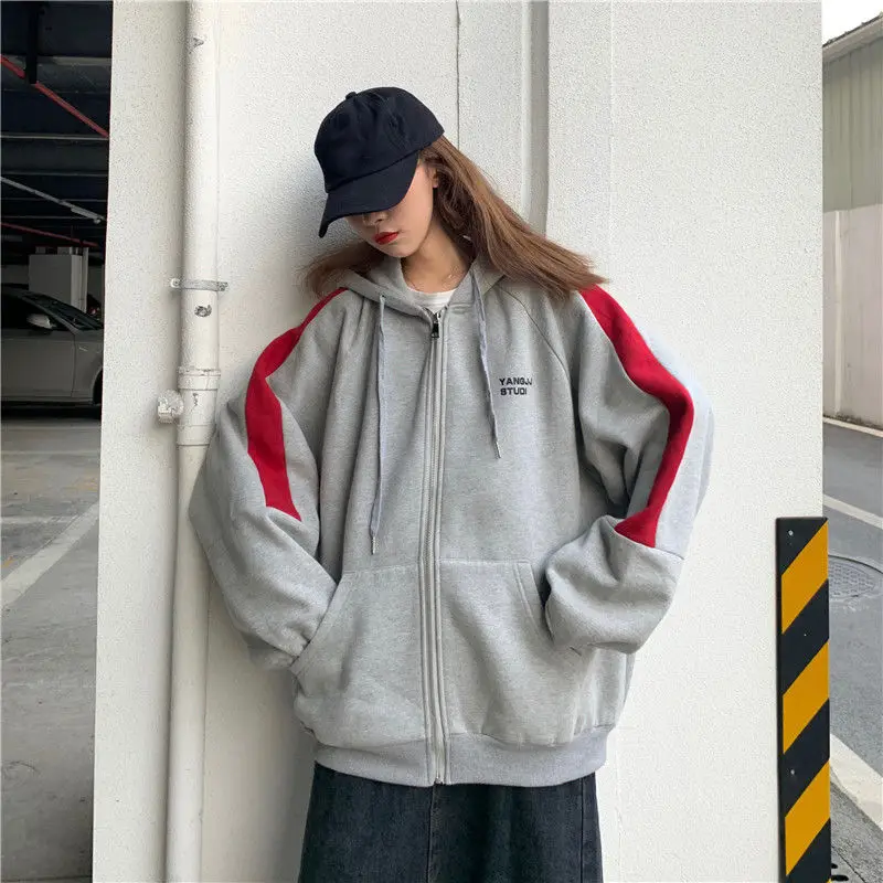 

2021 new Harajuku zipper hoodie women loose Korean style bf lazy retro style plus velvet thick super fire jacket tide sweatshirt