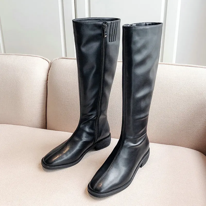 

Concise Genuine Leather High Heels Women Vintage Knee High Boots Party Prom Shoes Woman Winter Side Zipper Long Boots