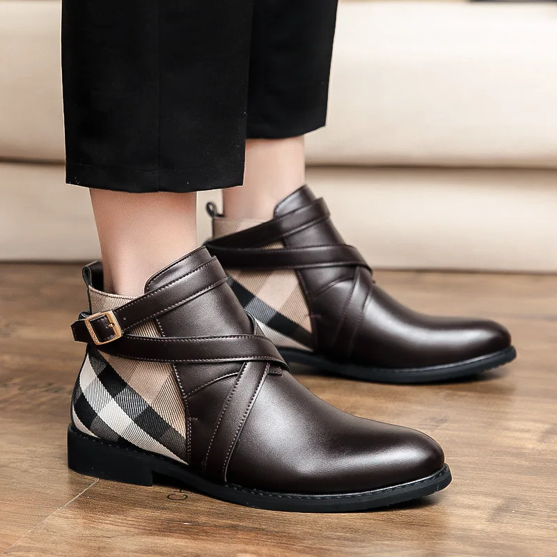 

European and American Men's PU Round Toe Square Heel Trendy Plaid Stitching Buckle British Style Fashion Catwalk Boots ZX119