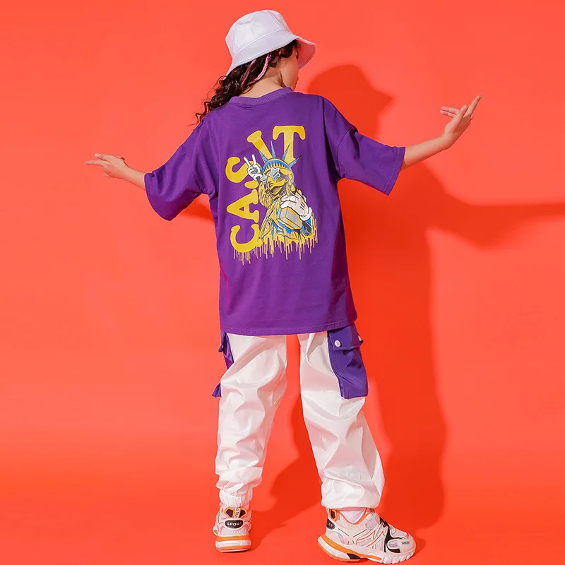 

Girls Hip Hop T-shirt Boys Loose Clothes Set Kids Summer Short Sleeve Tee Cargo Pants Street Dance Cartoon Jazz Child Costumes