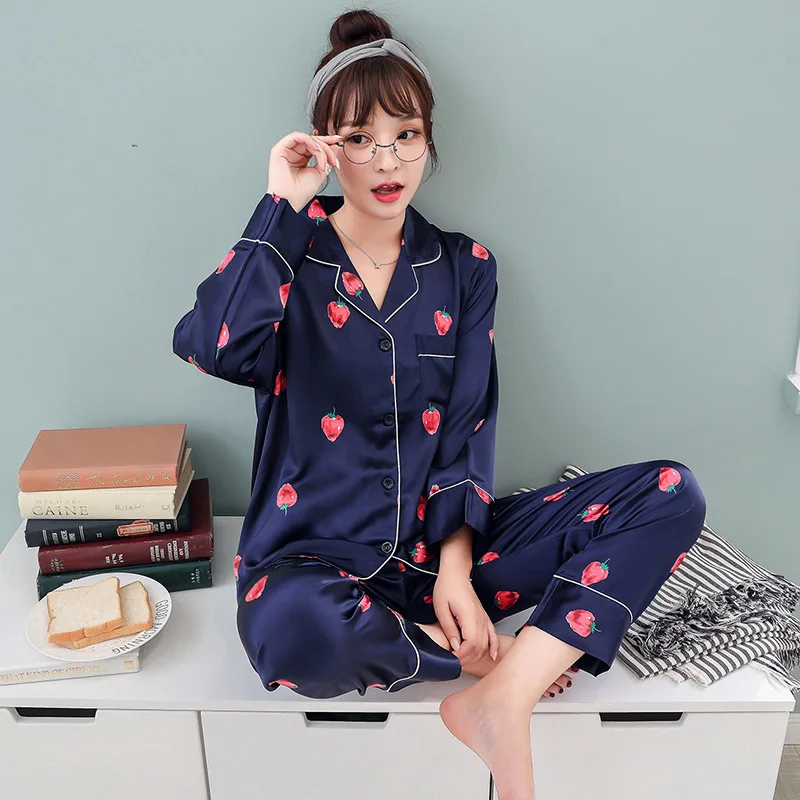 

Satin Strawberry Button Up Pajama Set Pajamas Shirt Pyjama Long Korean Fruit Printed Roomwear Silk Pajamas Nightwear Pajama Set