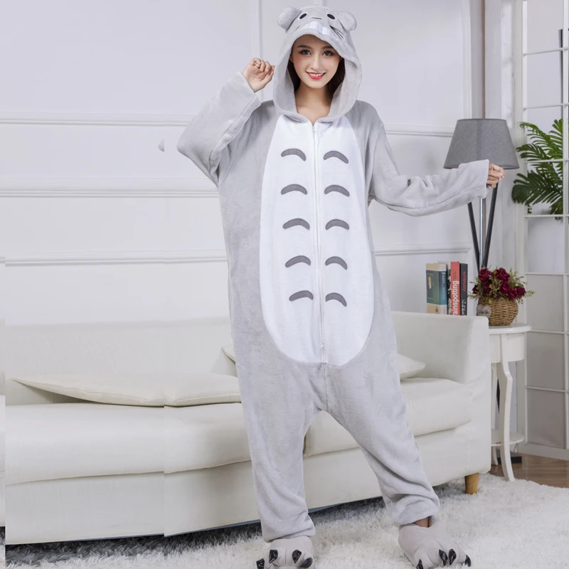 Totoro кигуруми пижамы Мультяшные ползунки для взрослых с двойной молнией цельные