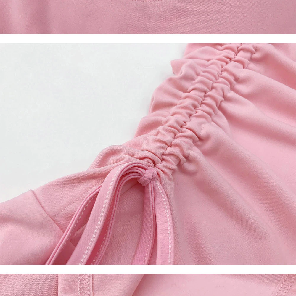 

Long Sleeve Sexy Bodycon Mini Dress Women Pure Color O neck Casual Slim Lace up Ruffle Pink Club Party Dresses 2020 Spring Fall