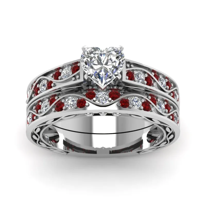 

2 pcs/set Milangirl Luxury Heart Crystal Promise Rings Set For Women Birthstone Bride Wedding Band Engagement Party Ring
