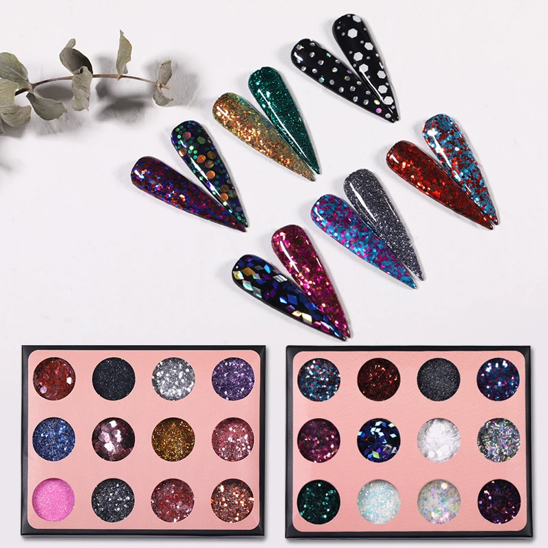 12Pcs/Set Colorful Nail Sequins Glitter Red Blue Black Star Art Powder Pigment Chorme Decoration | Красота и здоровье