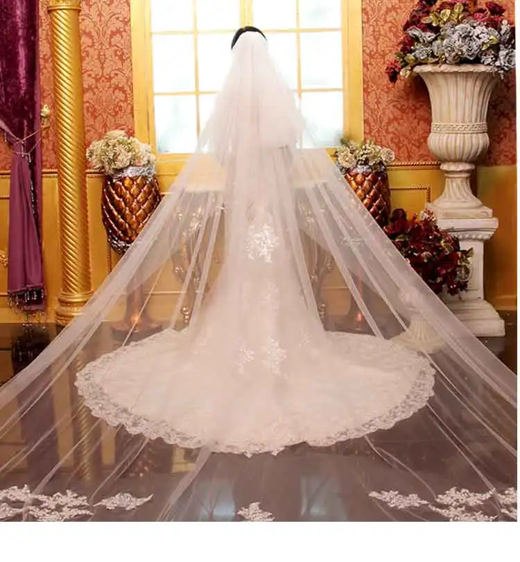 5 метров полная кромка с кружевом блестящая двухслойная Длинная свадебная вуаль