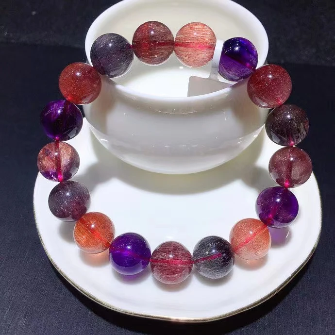 

12.2mm Natural Super Seven 7 Colorful Lepidocrocite Quartz Bracelet Clear Round Beads Stretch Crystal AAAAAAA