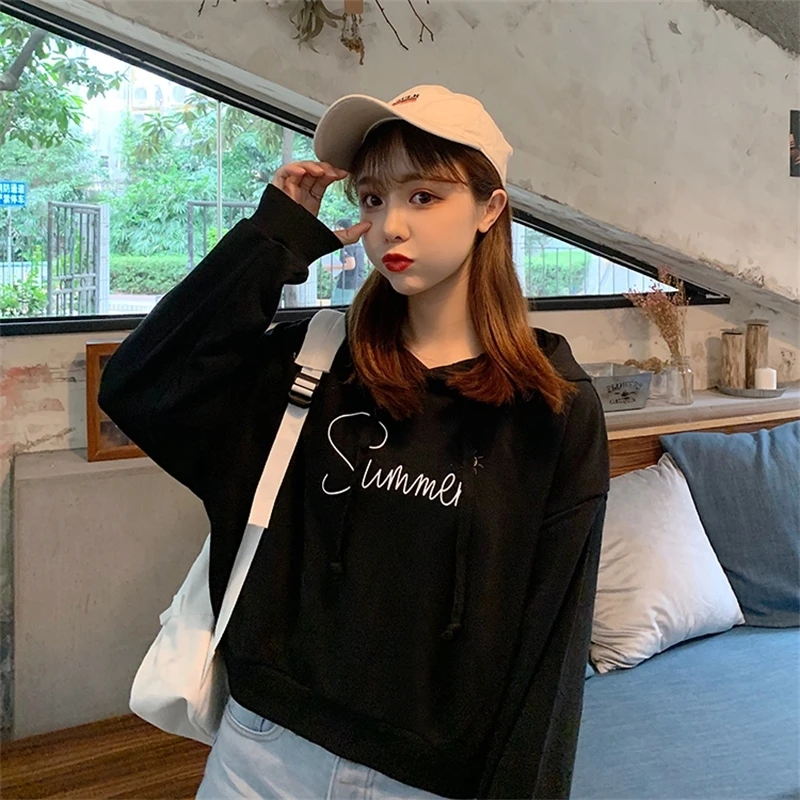 

Large Size Loose Cropped Hoodie Women's 2021 Spring and Autumn New Korean Style Tummy Hiding Slimming Thin Top Fashion for Plump