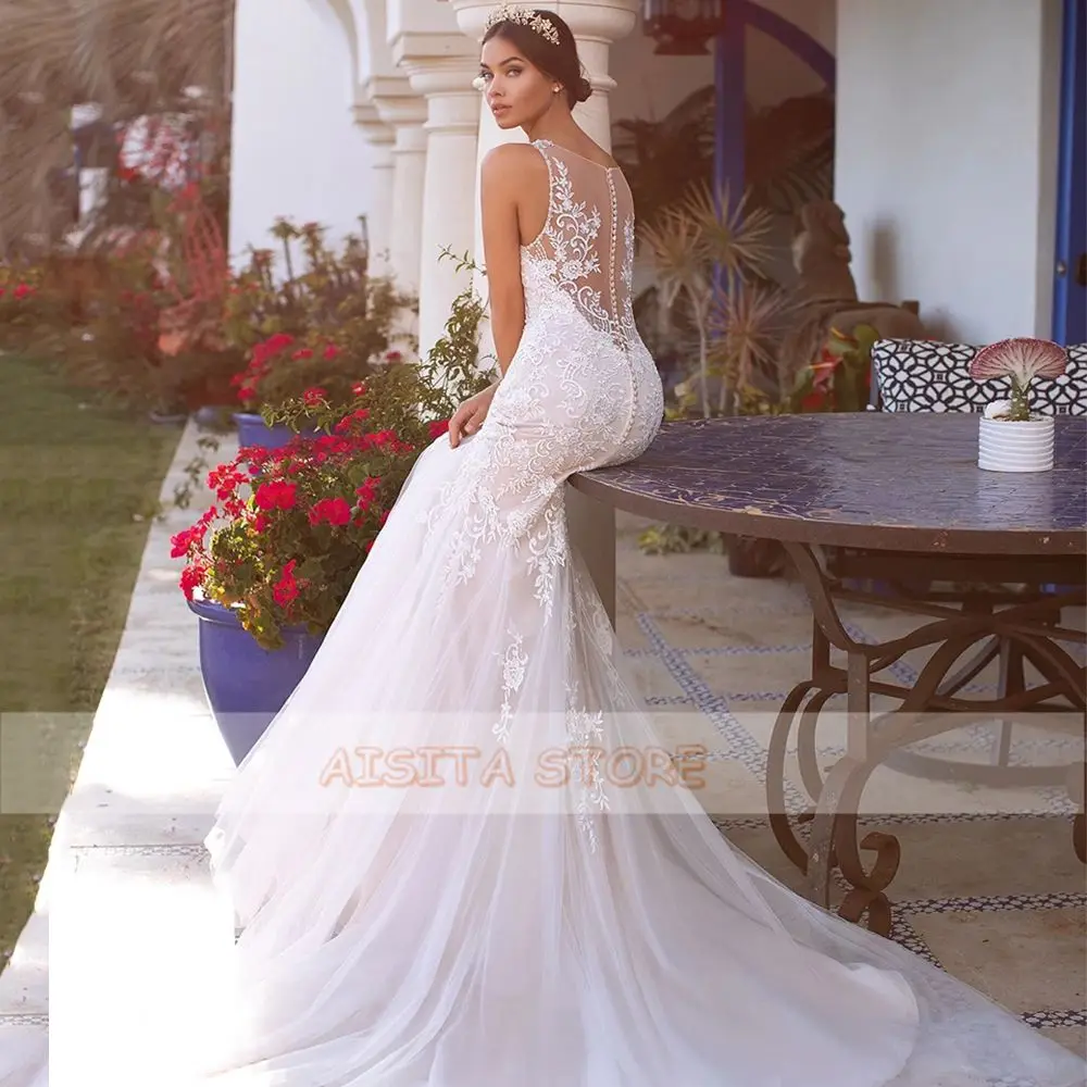 

Mermaid Weddding Dresses 2021 Elegant Lace Appliques Spaghetti Strap Sleeveless Sweetheart Court Train Bridal Gowns for Women