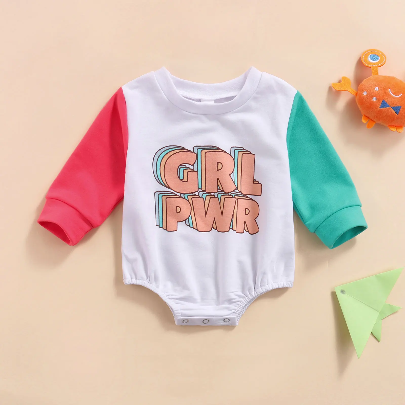 

0-2Y Newborn Letter Print Playsuit Toddler Color Block Long Sleeve Round Neck Romper