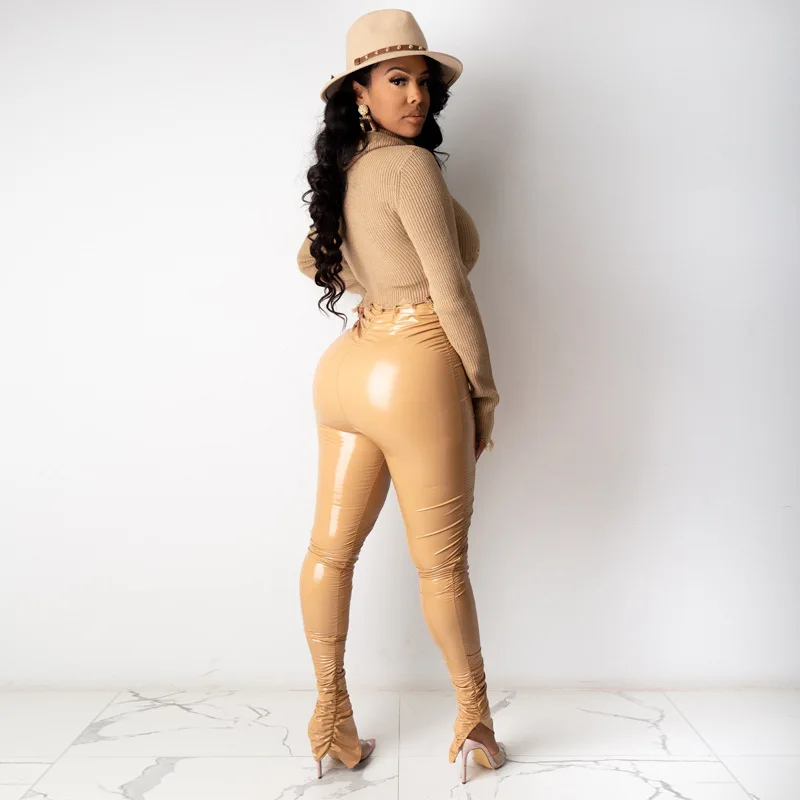 

Zoom Potlood Broek Mode Nieuwe Sexy Hoge Taille Lederen Broek Vrouwen Herfst Winter Effen Kleur Voorkant Split Slim Fit Broek