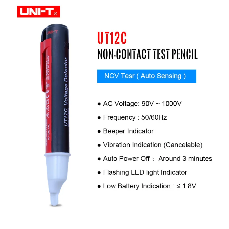 

Тестер напряжения UT12C UNI-T, Бесконтактный детектор напряжения детекторы напряжения переменного тока, 90-1000 В, 50/60 Гц, вибрирующий индикатор авт...