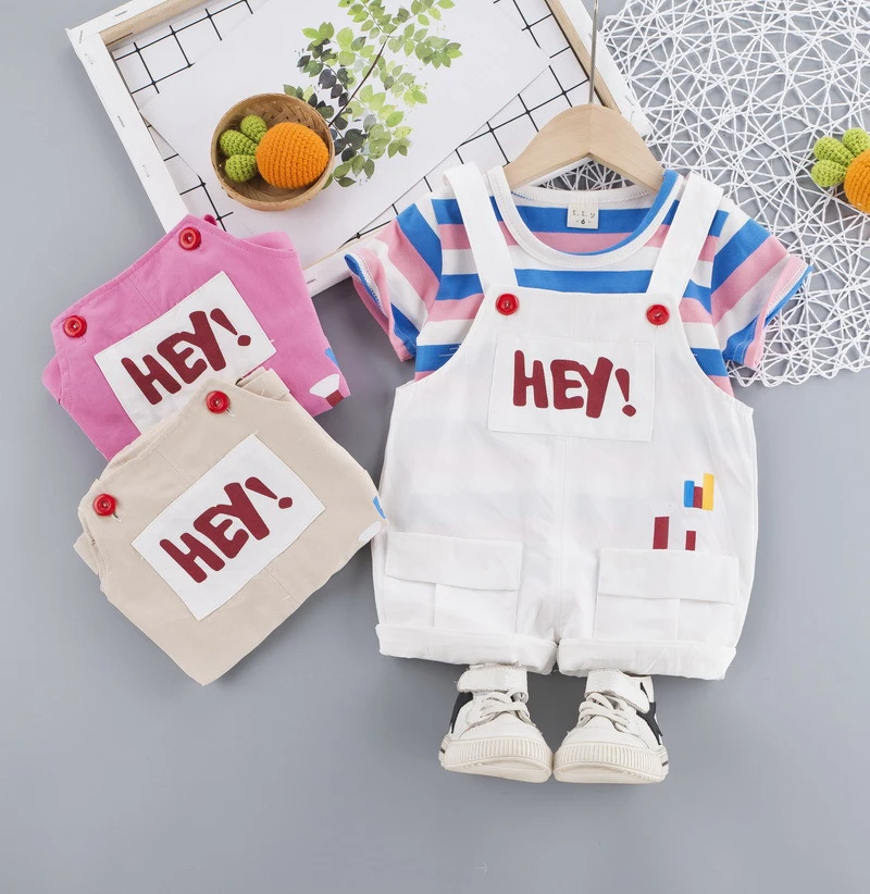 

Summer New Pure Cotton Casual Baby Boys Striped Short-Sleeved T-Shirt+ Overalls Short Jumpsuit Clothing Sets Cute Infant Outfit