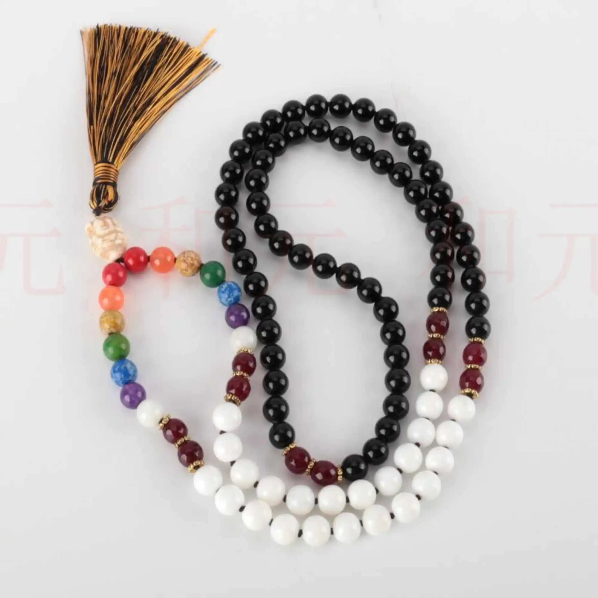 

8mm 108 Natural 7 chakras black agate White tridacna necklace Practice Pray Healing Souvenir Chic Glowing Blessing Wristband