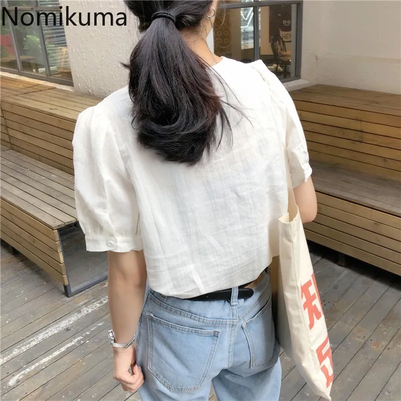 Nomikuma хлопковые льняные рубашки с буфами на рукавах для женщин Большие размеры