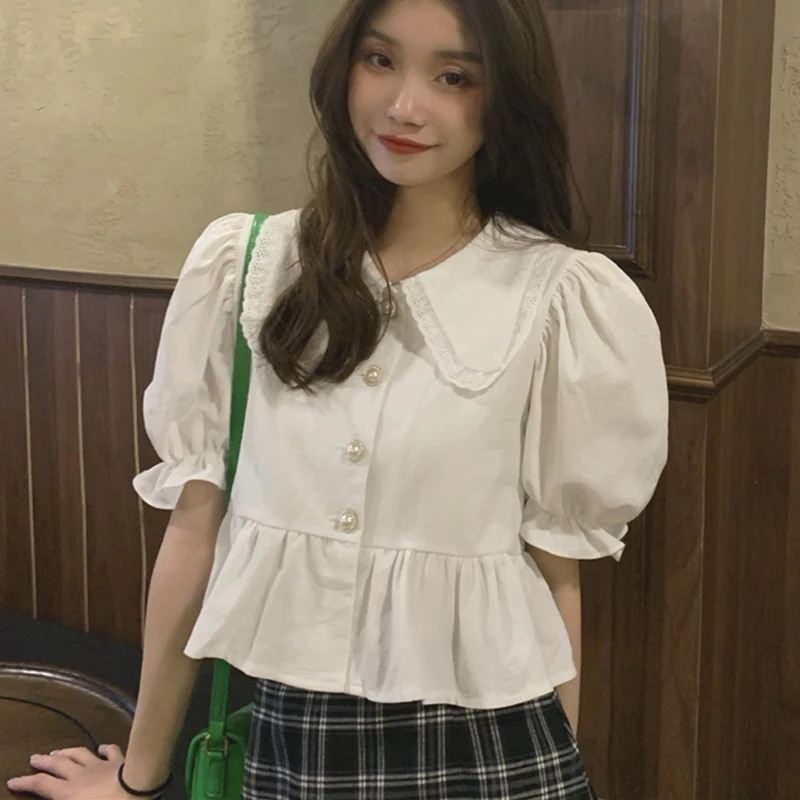 

Puff Sleeve Shirts Blusas Mujer Peter Pan Collar Cute Korean Clothes Tops Women Slim Cotton Blouse Fashion 2021 Summer Blouse