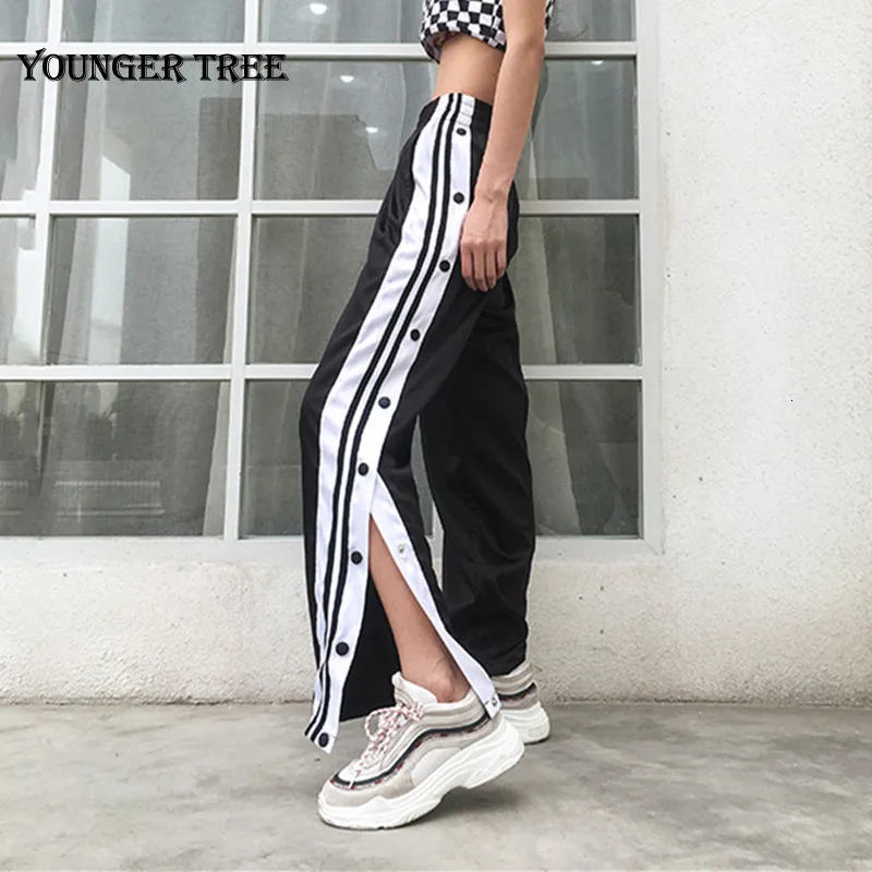 Повседневные атласные брюки с боковыми пуговицами полосатые штаны разрезом