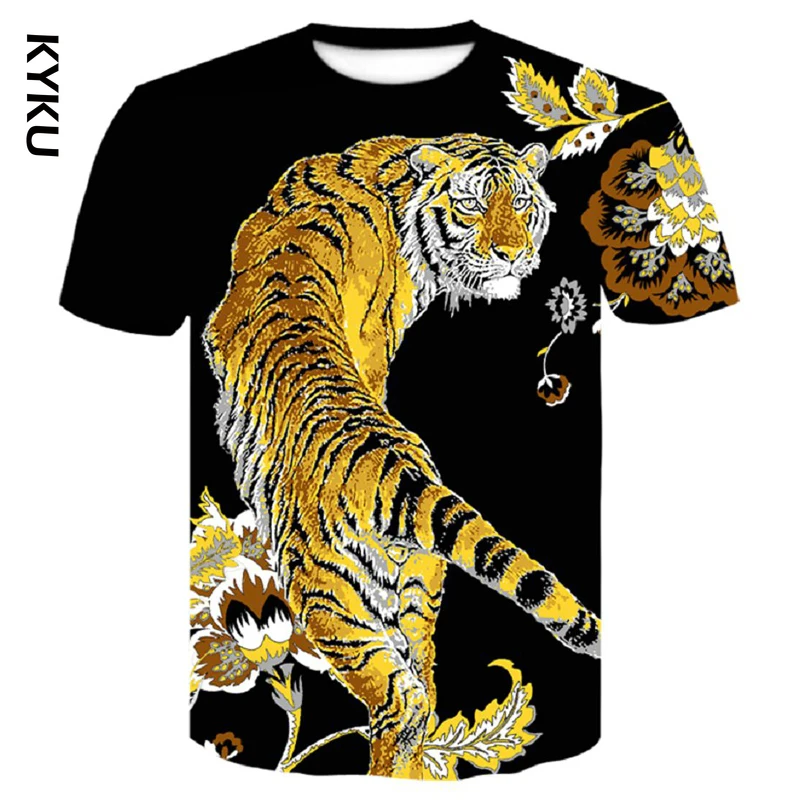 

KYKU Tiger T Shirt Men 3d prined New T-Shirt Short Sleeve O-Neck Fashion Hip Hop Summer Tops Tees Casual 3D Wolf