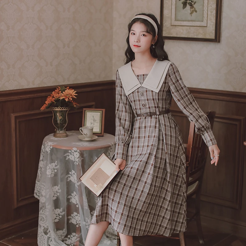 

Plaid Retro Sweet Navy Lapel Collar Dress Fall Loose French Literary Long Sleeve Elegant Cute Kawaii Dress Y2K Women's Clothing