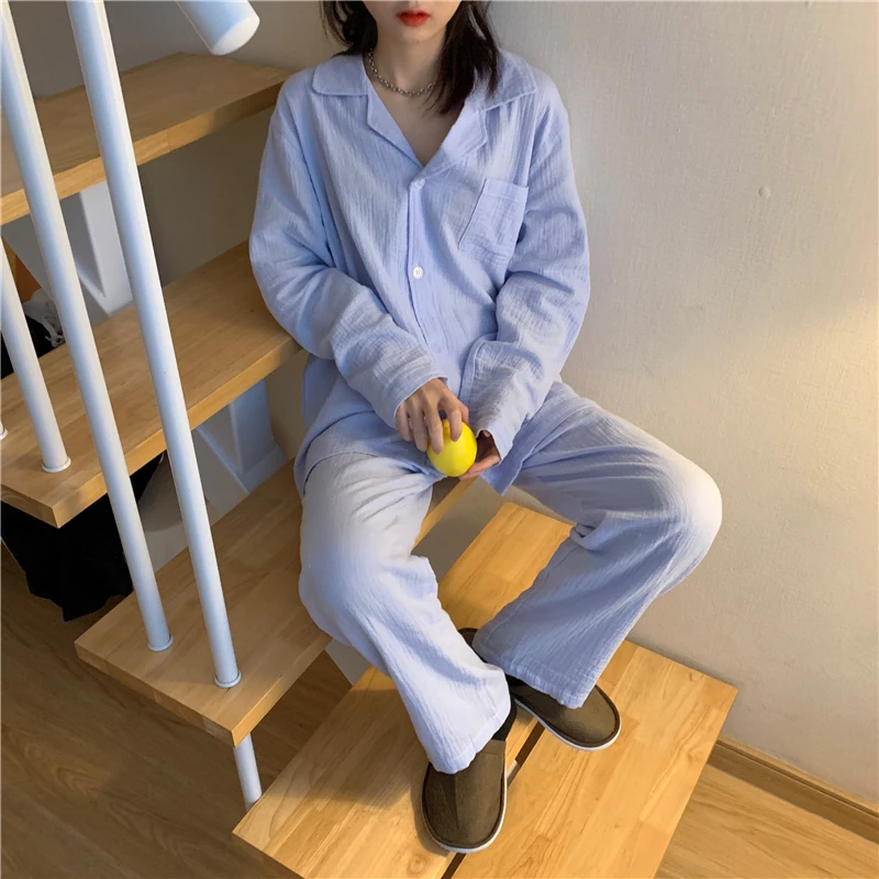 

crepe soft cotton couple pajamas women home clothes solid long sleeve loose plus size pants 2 piece set nightwear pyjamas