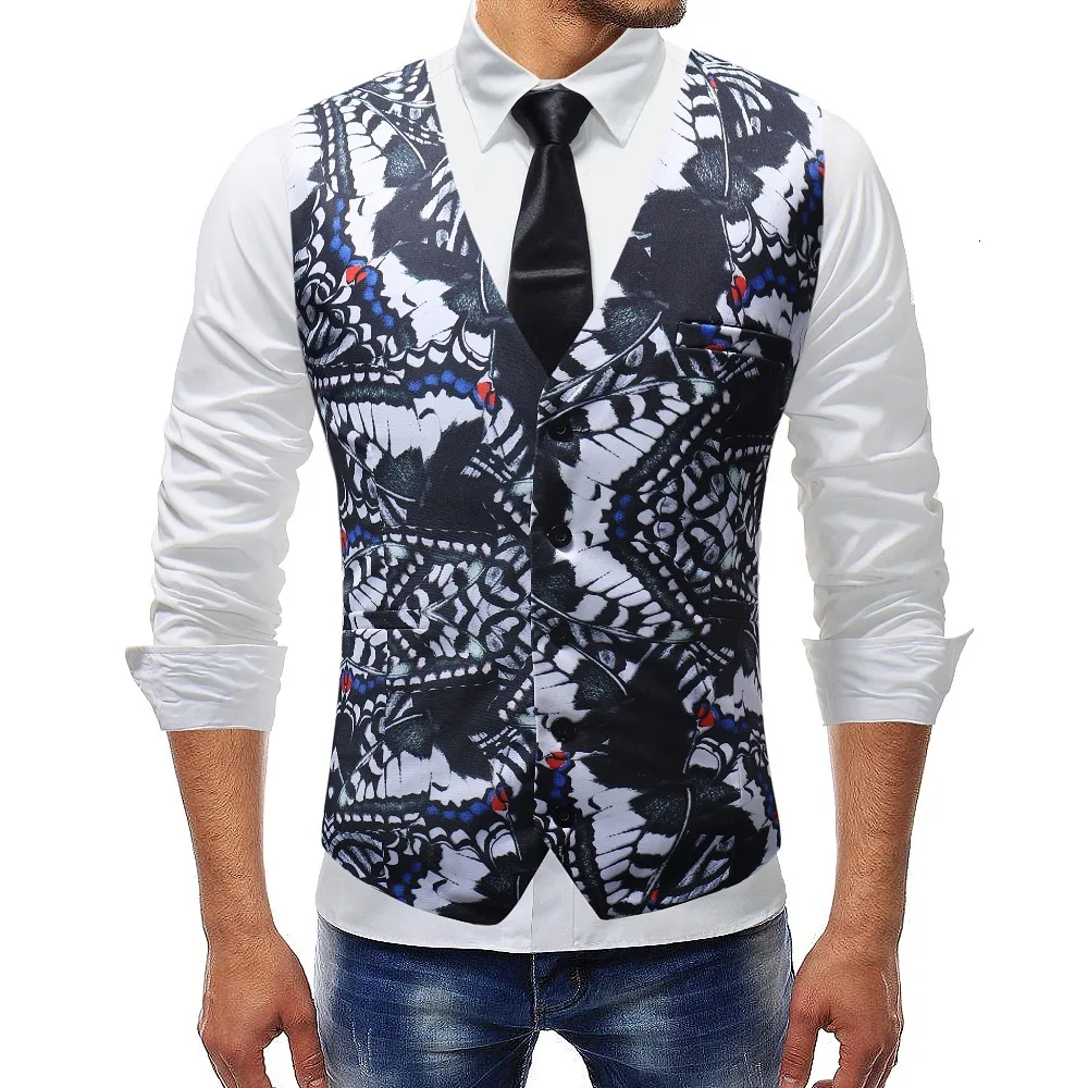 

New Fashion Design Mesn Suit Vest 3D Floral Printed Mens Sleeveless Jacket Waistcoat Slim Fitness Formal Dress Plus Size
