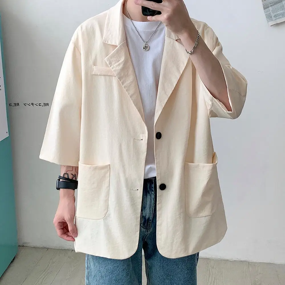 

Men's Casual Blazer Chic Suit Jackets 2020 Korean Trendy Streetwear Oversize Solid Half Sleeve Casual Suit Coat