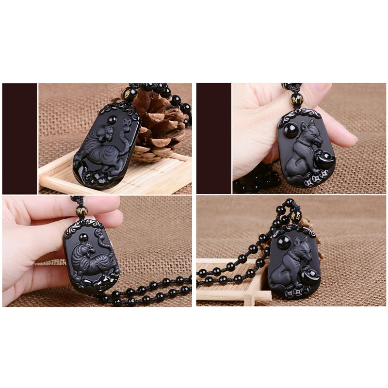 Ожерелье из натурального черного обсидиана с подвеской в виде животного амулет
