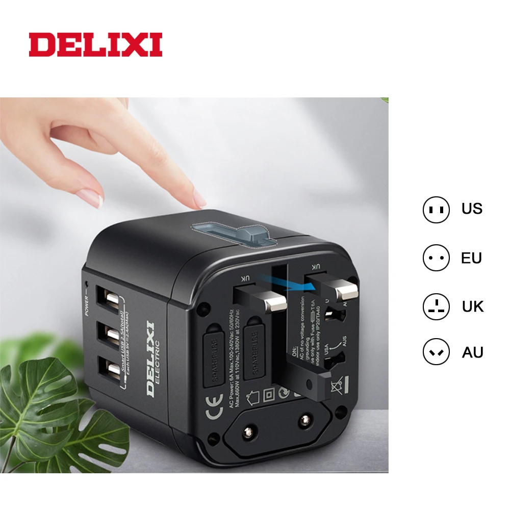 DELIXI Универсальный дорожный адаптер Все в одном с 6.3A 3 USB по всему миру настенное
