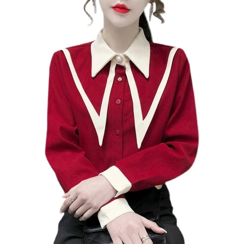 

ZAWAHIKI Vintage Corduroy Long Sleeve Women Shirt Spring 2021 Korean Fashion Peter Pan Collar Tops Single Breasted Solid Blouse