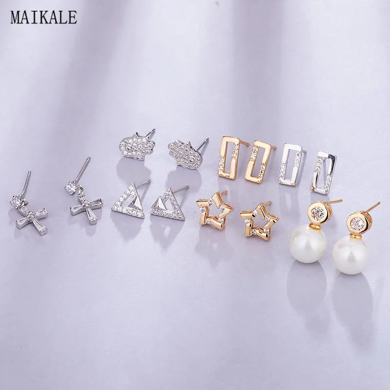 

MAIKALE Cute Charm Small Star/Cross/triangle/hand Shape Cubic Zirconia Pearl Copper Stud Earrings for Women Jewelry Girl Gift