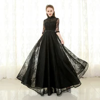 gothic design black lace wedding dress high neck half sleeve black pearls hollow back floor length bridal gowns custom size plus