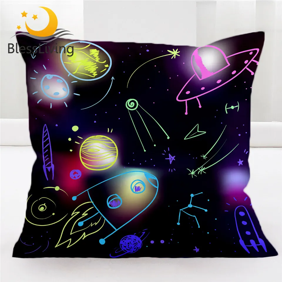 

BlessLiving Space Cushion Cover Galaxy Pillow Case Cosmic Night Sky Decorative Pillow Cover 45x45cm Cartoon Spaceship Kussenhoes