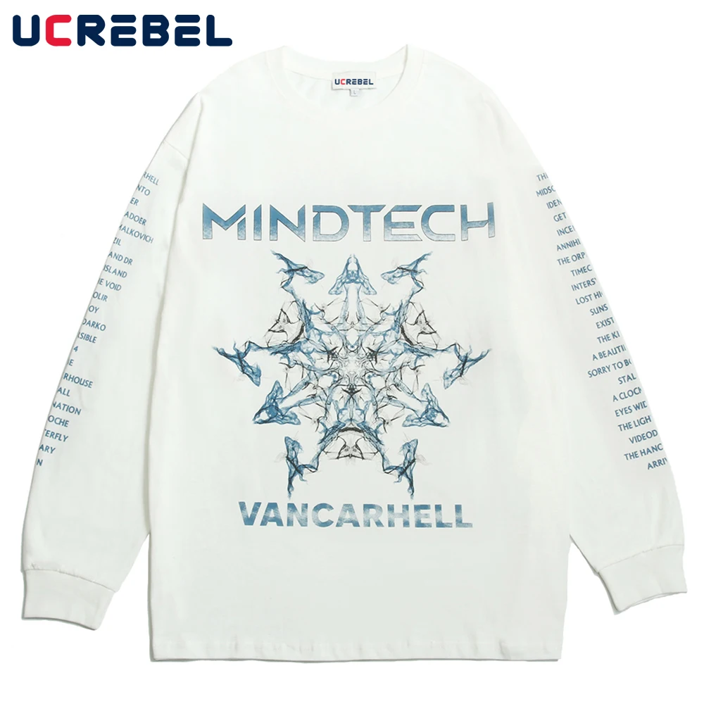 

Smoke Letter Print Long Sleeve T-shirt Mens Streetwear Casual Crew Neck Cotton Tee Loose T Shirt Men