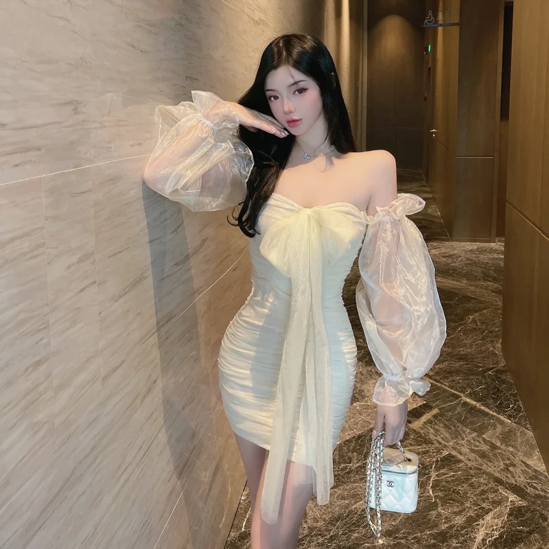 

Autumn Fashion Mesh Straps Bow Sexy Off Shoulder Backless High Waist Slim Bag Hip Elegant Mini Dresses New Women's Clothing
